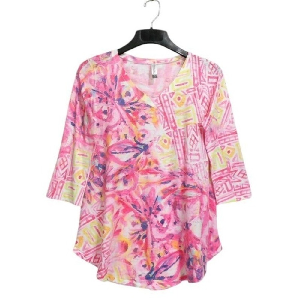 Whimsy Rose Womens Top S Pink Multi 3/4 Sleeve V-Neck Tunic Casual American Made